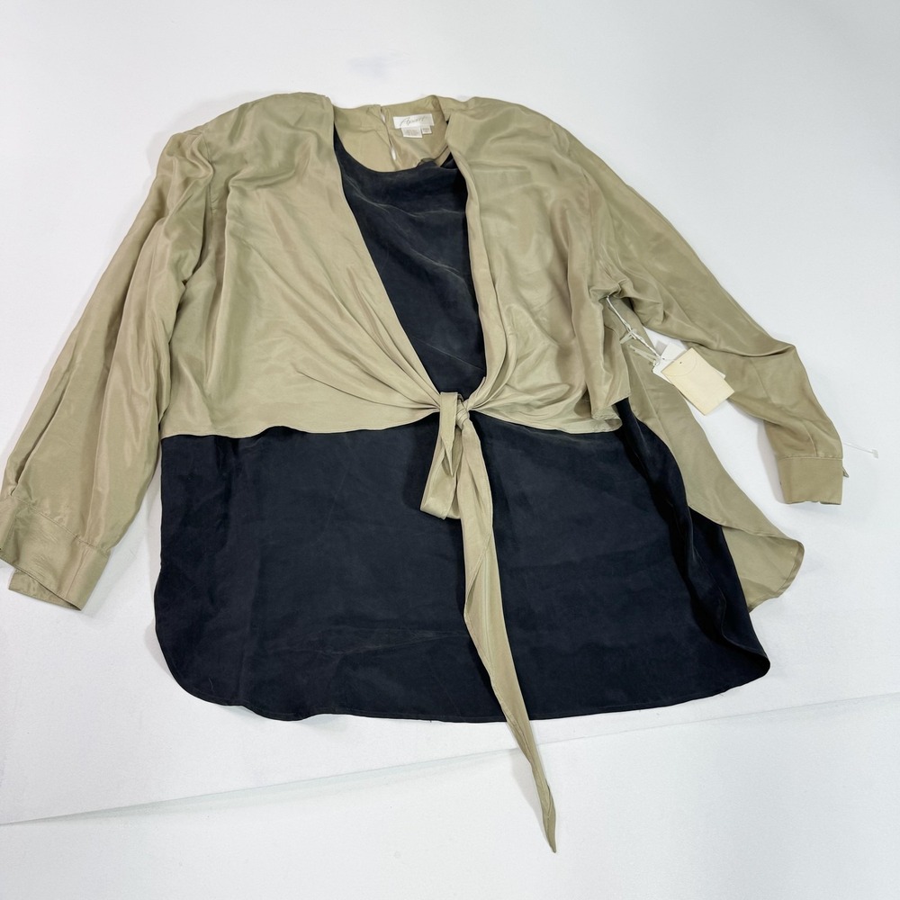 Apart Shirt Womens 2XL Black Tan 100% Silk Long Sleeve Tie Front Button Detail